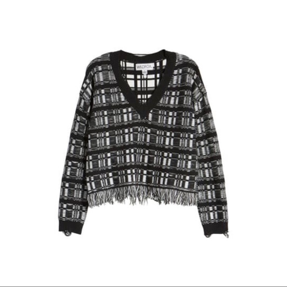 Wildfox Reece Ritzy Fringe Hem Sweater Black/White Size Large NWT - Picture 6 of 6